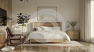 a modern bedroom ambiance, characterized by oak and white furniture, and unadorned walls Stock Photo