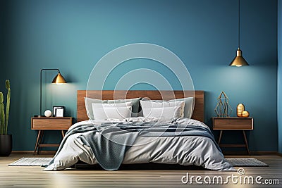 Modern bedroom with a bed, pillow and blanket, plant and wooden floor, minimal lifestyle, empty wall Stock Photo