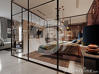 Modern bedroom behind glass in a studio room. Burgundy walls, a luxurious bed, a TV unit, a large corner sofa Stock Photo