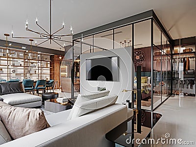 Modern bedroom behind glass in a studio room. Burgundy walls, a luxurious bed, a TV unit, a large corner sofa Stock Photo
