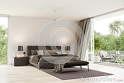 Modern bedroom with outdoor terrace and nature view 3d render Stock Photo