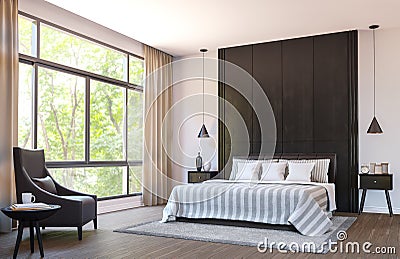 Modern bedroom decorate with brown leather furniture and black wood 3d rendering image Stock Photo