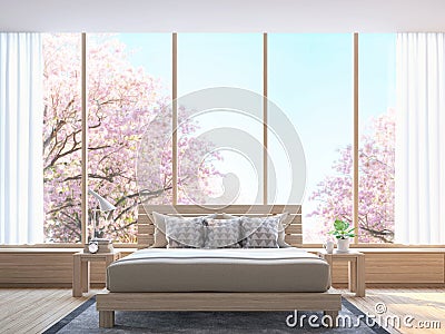 Modern bedroom decorate room with wood 3d rendering image Stock Photo