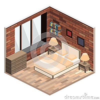 Modern bedroom design in isometric style. Cartoon Illustration