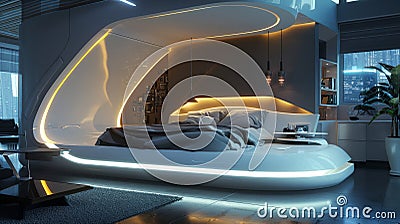 Futuristic Bedroom with a Curved Bed and Night City View Stock Photo