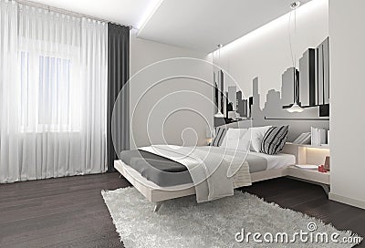 Modern bedroom interior with dark curtains Stock Photo