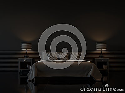 Modern bedroom interior with empty black wall 3d rendering Stock Photo