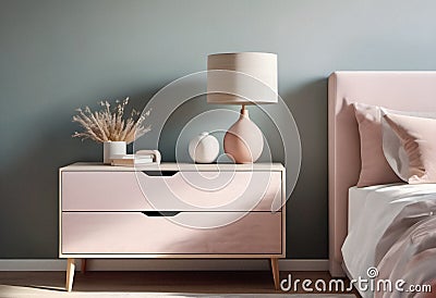 Modern bedroom interior with wooden commode, lamp and bedside table Stock Photo