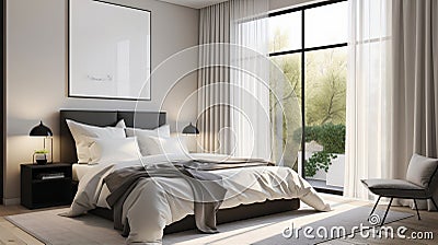 A modern bedroom in a minimalist style, showcasing clean lines and neutral colors. Stock Photo