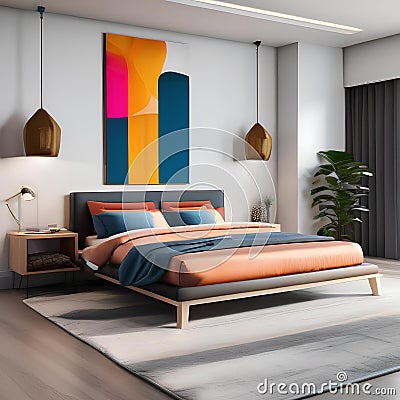 A modern bedroom with a platform bed, sleek furniture, and pops of vibrant color1 Stock Photo