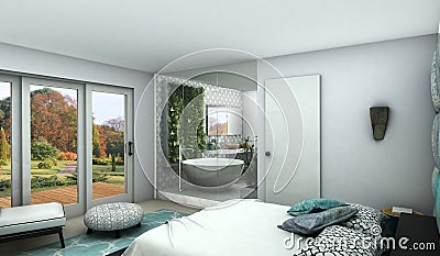 Modern bedroom with see trough glass wall to a bathroom Stock Photo