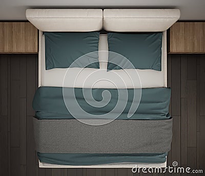 Modern bedroom, top view, closeup on double gray and blue bed, parquet floor, contemporary interior design Stock Photo