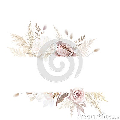 Modern beige and blush trendy vector design frame. Pastel dried pampas grass, magnolia, white peony, ranunculus, dusty Vector Illustration