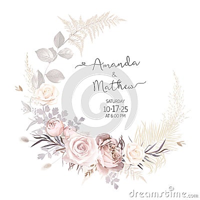 Modern beige and blush trendy vector design frame. Pastel dried pampas grass Vector Illustration