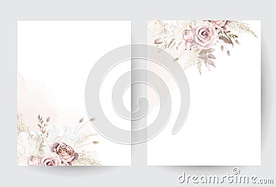 Modern beige and blush trendy vector design frames. Pastel pampas grass, fern, white peony Vector Illustration