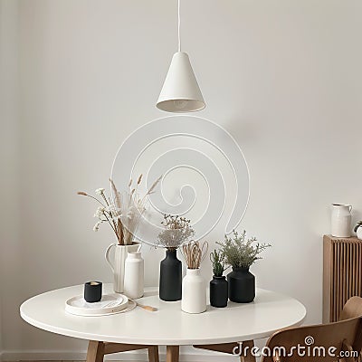 Modern beige ceramic vases with dry grass branches on white table near a black white wall backdrop. Copy space.Minimal Scandinavia Stock Photo