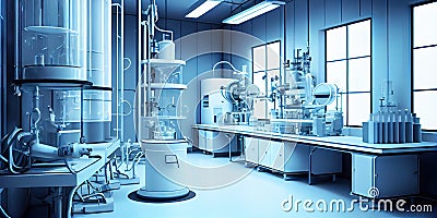 Modern biological or biochemical laboratory interior. Clean blue atmosphere. Generative AI Stock Photo