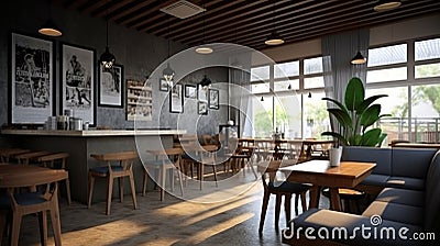 Modern black and gray cafe interior with rectangular sign, wooden tables and metal chairs Stock Photo