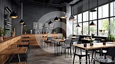 Modern black and gray cafe interior with rectangular sign, wooden tables and metal chairs Stock Photo