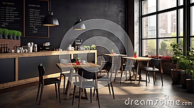 Modern black and gray cafe interior with rectangular sign, wooden tables and metal chairs Stock Photo