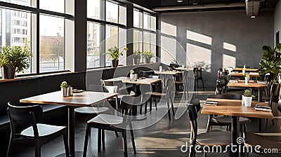 Modern black and gray cafe interior with rectangular sign, wooden tables and metal chairs Stock Photo