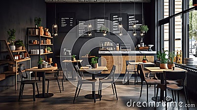 Modern black and gray cafe interior with rectangular sign, wooden tables and metal chairs Stock Photo