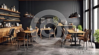 Modern black and gray cafe interior with rectangular sign, wooden tables and metal chairs Stock Photo