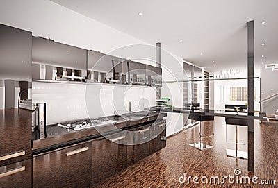 Modern black kitchen interior 3d render Stock Photo