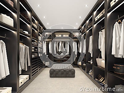 Modern black luxury walk in closet, dressing room, wardrobe Stock Photo