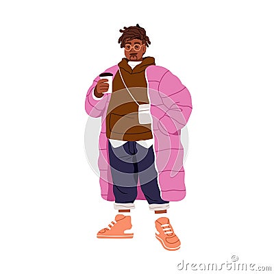 Modern black man in fashion apparel, casual street clothes. Stylish African-American guy standing in warm outfit in Vector Illustration