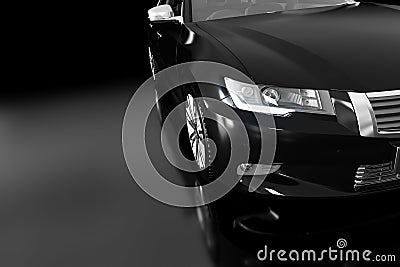 Modern black metallic sedan car in spotlight. Generic desing, brandless. Stock Photo