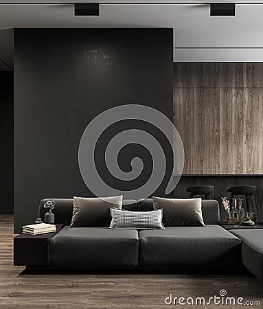Modern, black minimalist interior with kitchen, sofa, wood floor, wall panels and marble kitchen island. Cartoon Illustration