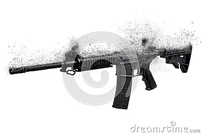 Modern black rifle breaks down into particles. dispersion effect. no more guns Stock Photo