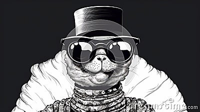 Hip-hop Inspired Cat Wearing Top Hat And Sunglasses Cartoon Illustration