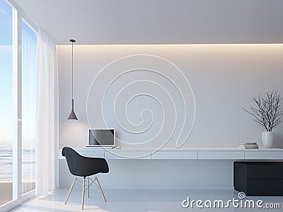 Modern black and white working room with sea view minimalist style 3d rendering image Stock Photo