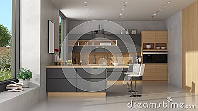 Modern black and wooden kitchen Stock Photo