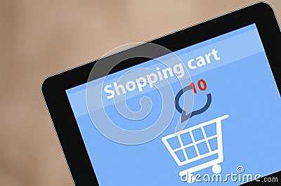 Modern blank Tablet PC screen showing on screen Shopping Cart Flat design Online Shopping concept and Computer Technology Cartoon Illustration