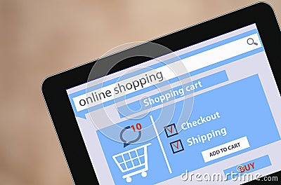 Modern blank Tablet PC screen showing on screen Shopping Cart Flat design Online Shopping concept and Computer Technology Stock Photo