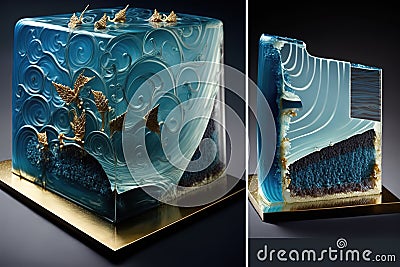 Modern blue cake with chocolate velor and isomalt decor, AI generated Stock Photo