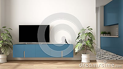 Modern blue colored minimalist living room with small kitchen, parquet floor, tv cabinet, potted plant. Scandinavian colored tiles Stock Photo