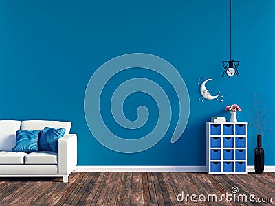 Modern blue living room interior - white leather sofa and blue wall panel with space Stock Photo