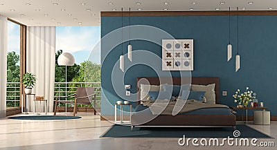 Modern blue master bedroom of a modern villa Stock Photo