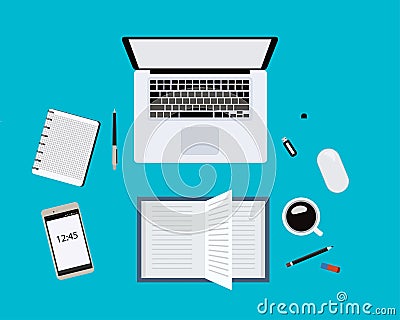 Modern blue office desk table with laptop, mouse, pen, smartphone and other supplies with cup of coffee. Blank notebook page. Work Cartoon Illustration