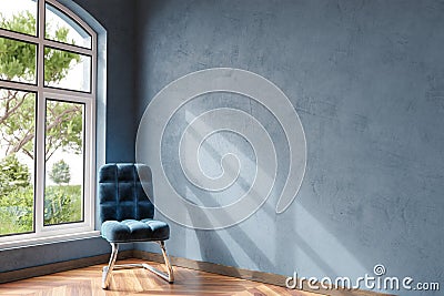 Modern blue petrol colored home interior with wooden parquet floor and single design chair in front of large window; 3D Stock Photo