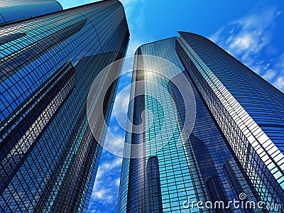 Modern blue reflective office buildings Stock Photo