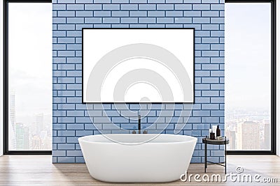 Modern blue tile, wooden bathroom interior with bathtub, empty white mock up poster for your advertisement, panoramic city view, Stock Photo