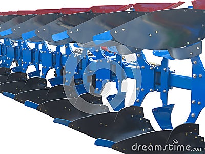 Modern blue tractor plow row abstract isolated over white Stock Photo