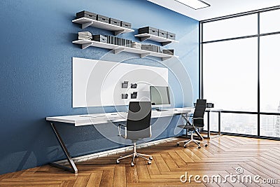 Modern blue workplace with Ñomputer on table Stock Photo