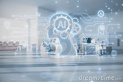 Modern blur interior with creative AI head outline hologram with circuit on background. Double exposure Stock Photo