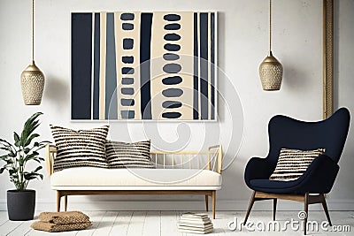 Modern boho interior with black, navy and beige wall art in folk style. Cozy furniture. White sofa and mid century chair. Stock Photo